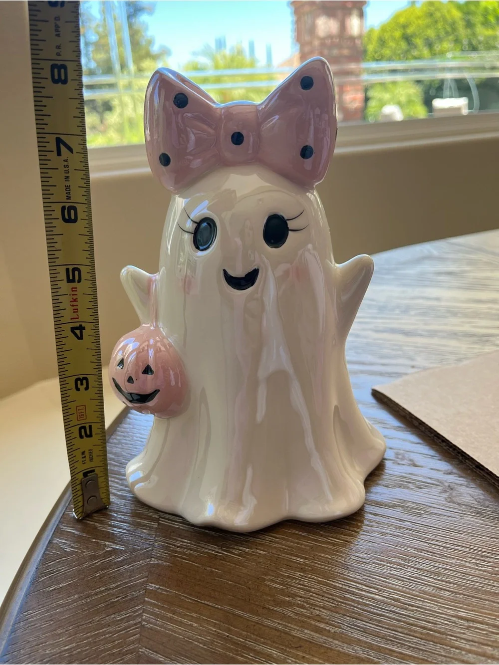 Halloween Ceramic Ghost Figurine with Pink Bow Black Polka Dots & Pumpkin